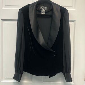 Alex Evenings Women’s 1X Black Velvet Sheer Long Sleeve Plunge Neckline Blouse